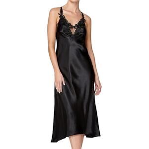 Flora by Flora Nikrooz Stella Satin Venise Trim Lingerie Nightgown Black Medium
